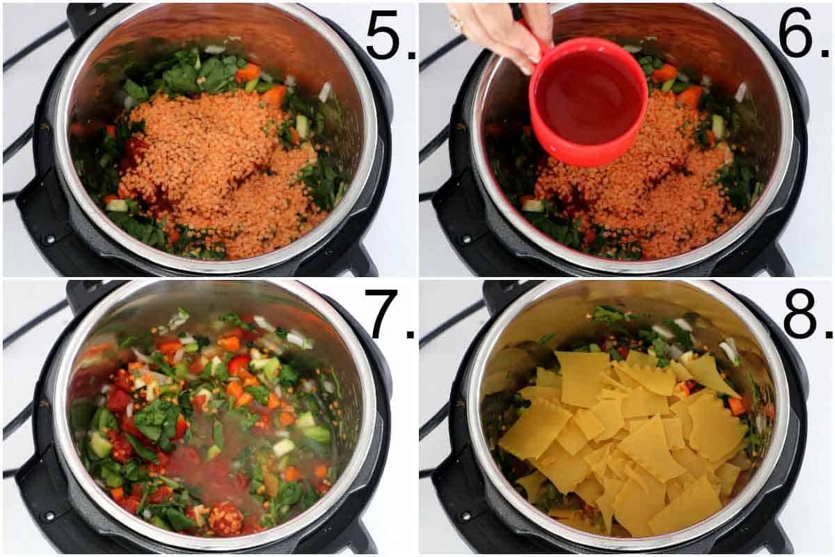Lentils, vegetable stock, and lasagna sheet brocken into small pieces for instant pot lasagna soup