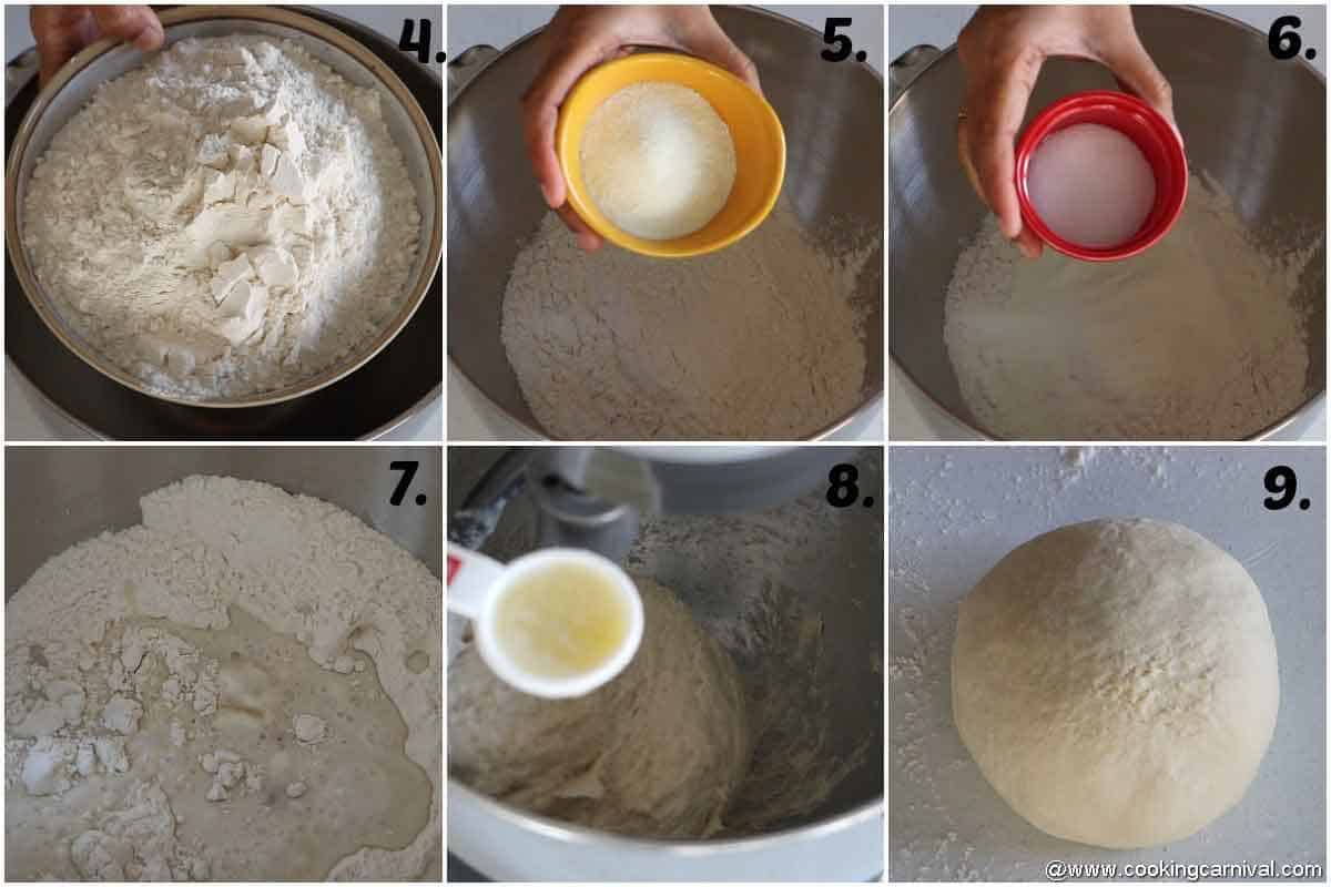 adding ingredients to flour for making the dough