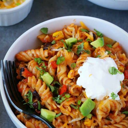 taco pasta served in white bowl