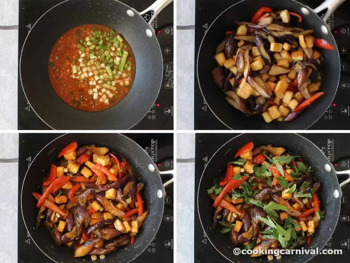 Making eggplant tofu stir fry recipe in a wok.